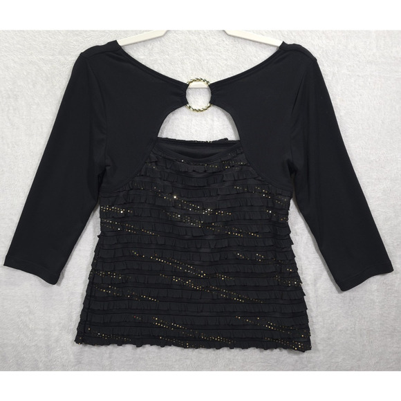 I.N. Studio Gold Embellished Top Ruffled Square Neck Woman SP Black Festive Glam - Picture 2 of 13